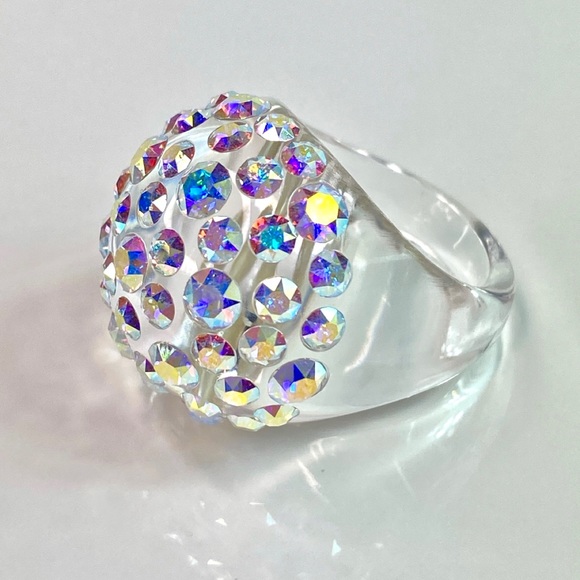 Aurora Borealis Swarovski Crystal Ring, Clear Lucite Ring, AB Crystal Dome Ring - Picture 1 of 10